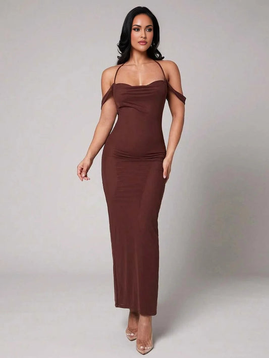 Womens Stretchy Mesh Draped Neck Backless Ruched Bodycon Dress Sexy amp Fitted Suitable For