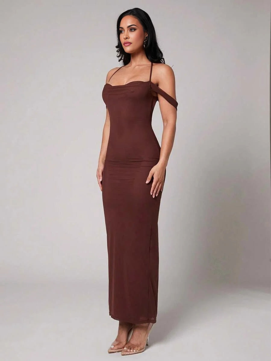 Womens Stretchy Mesh Draped Neck Backless Ruched Bodycon Dress Sexy amp Fitted Suitable For