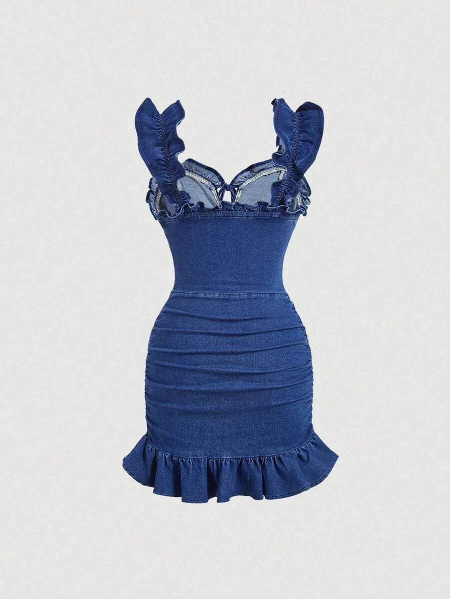 Womens Summer Fashionable Ruffle Hemline Bodycon Denim Dress Y2K Bow Tie Elastic Tight Romantic