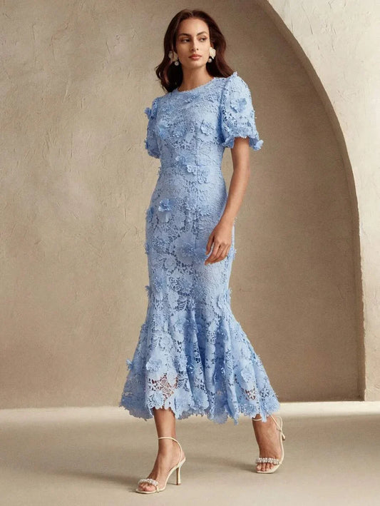 Womens Summer New 3D Floral Lace Long Dress Fashion Banquet Floral Dress