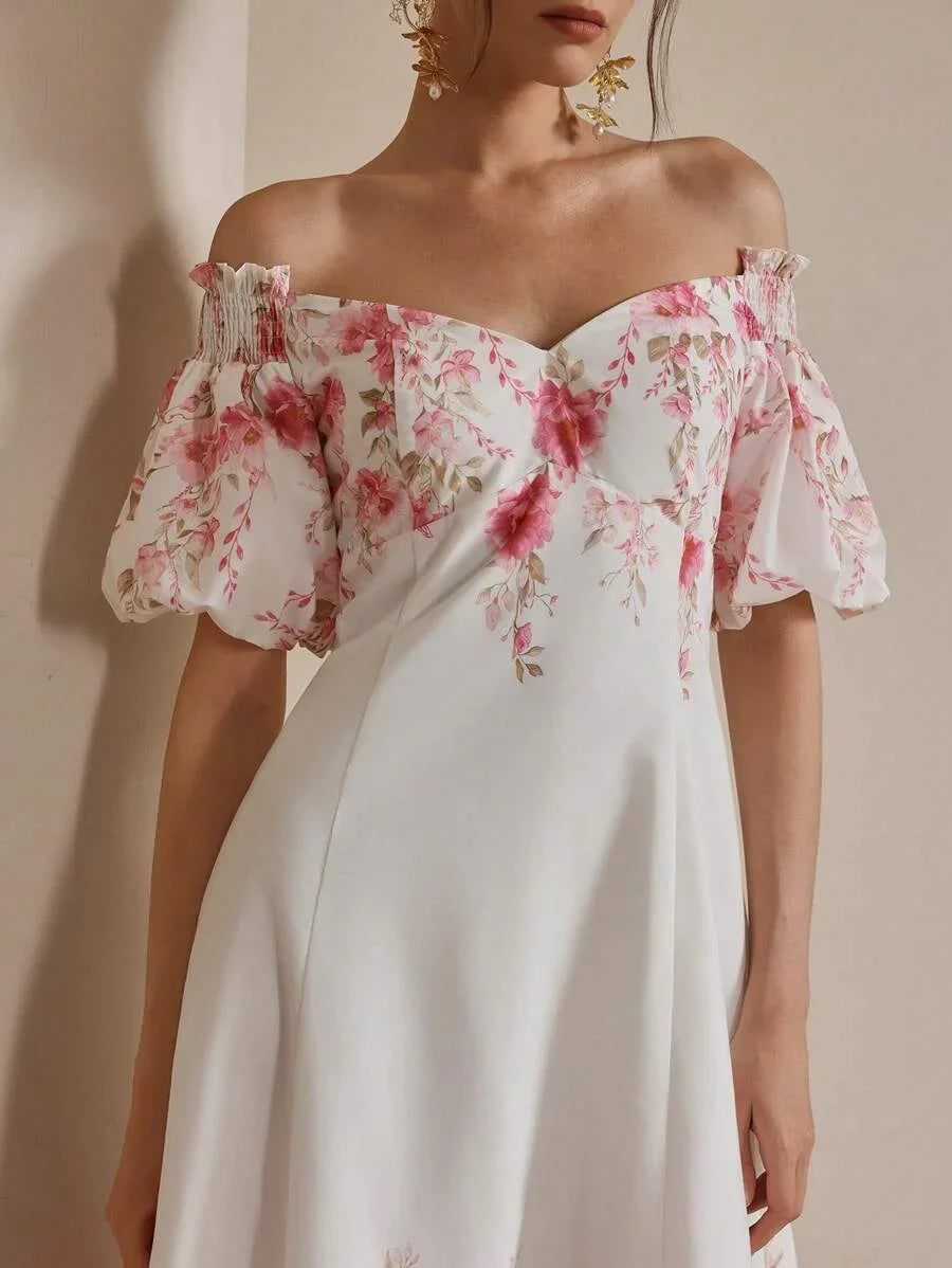 Womens Summer Puff Sleeve Long Waisted Printed Casual Vacation Dress Elegant