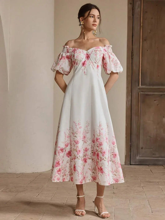 Womens Summer Puff Sleeve Long Waisted Printed Casual Vacation Dress Elegant