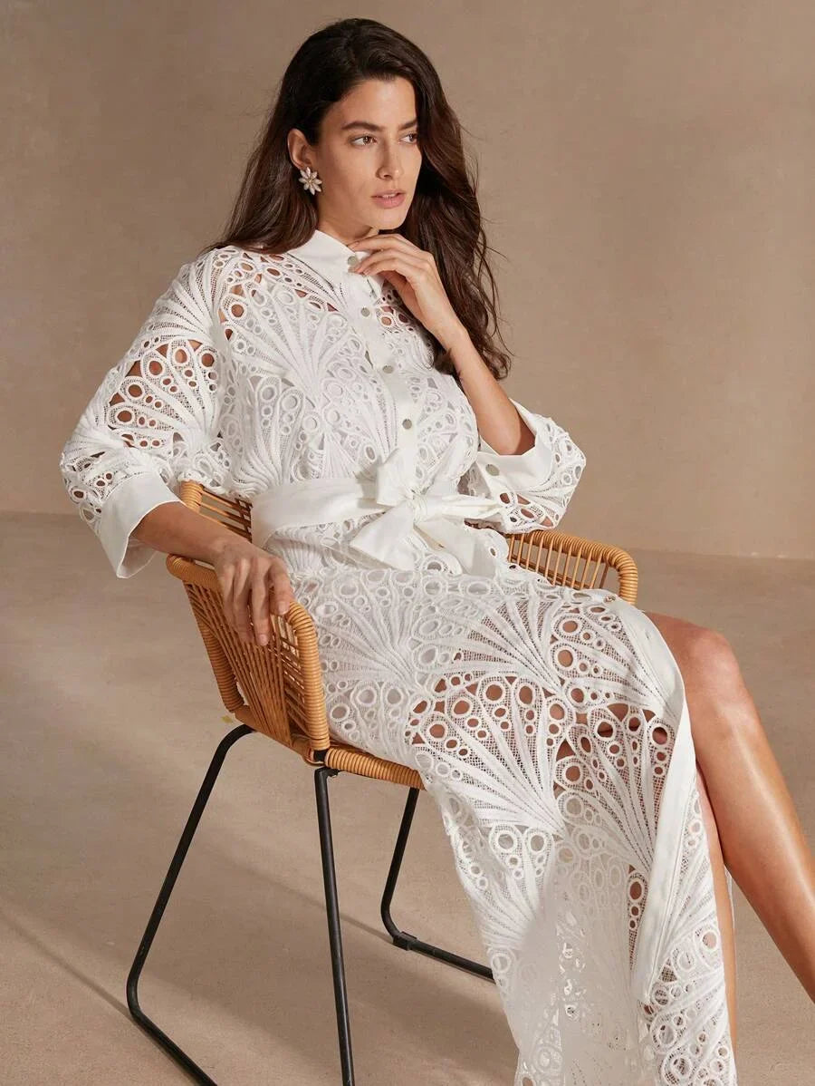 Womens Summer Solid Color Batwing Sleeve Hollow Out Elegant Shirt Dress