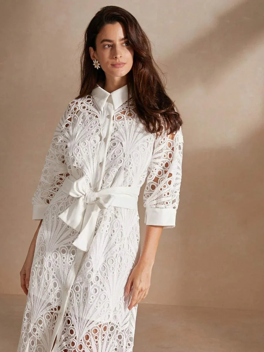 Womens Summer Solid Color Batwing Sleeve Hollow Out Elegant Shirt Dress