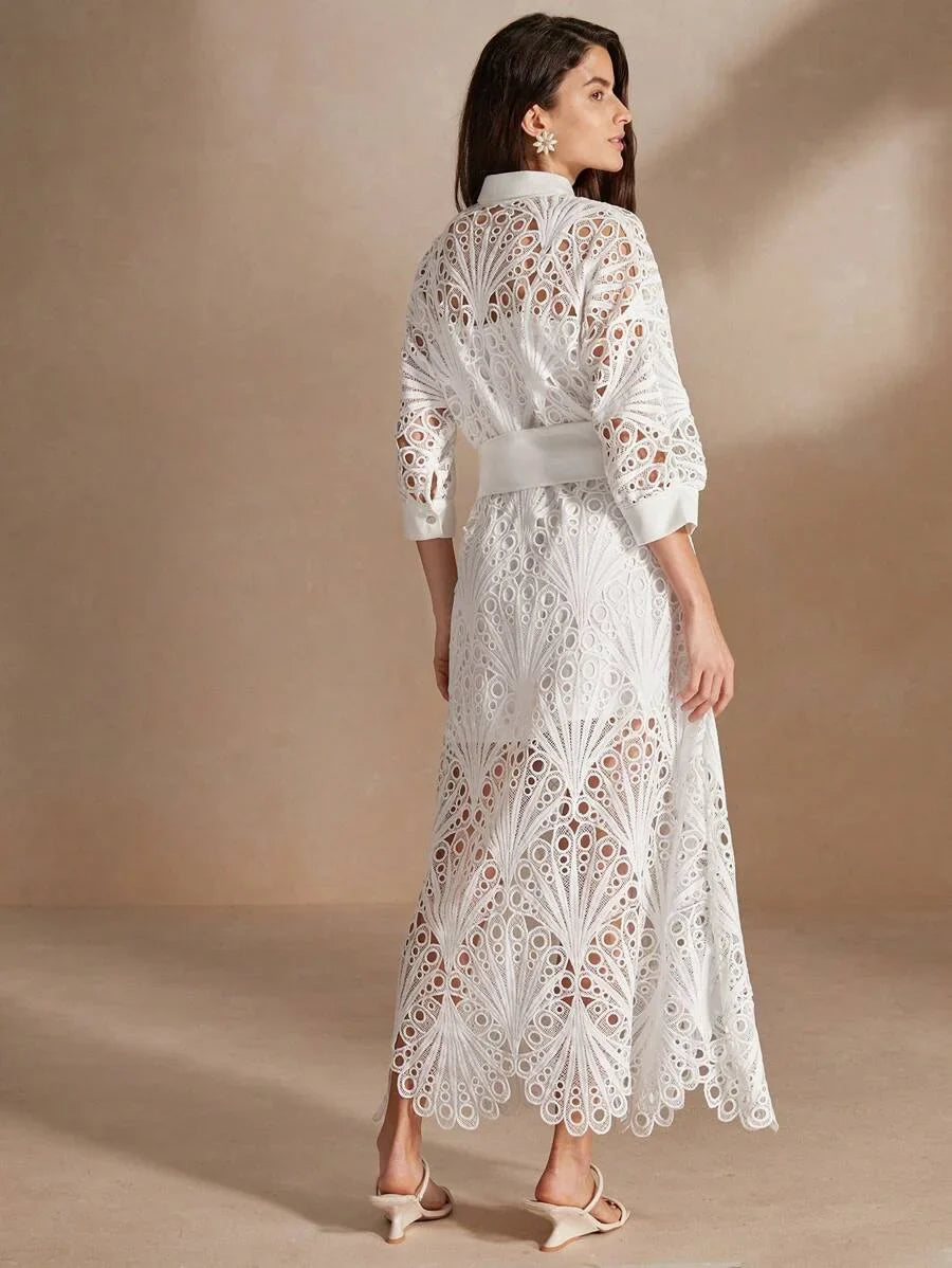 Womens Summer Solid Color Batwing Sleeve Hollow Out Elegant Shirt Dress
