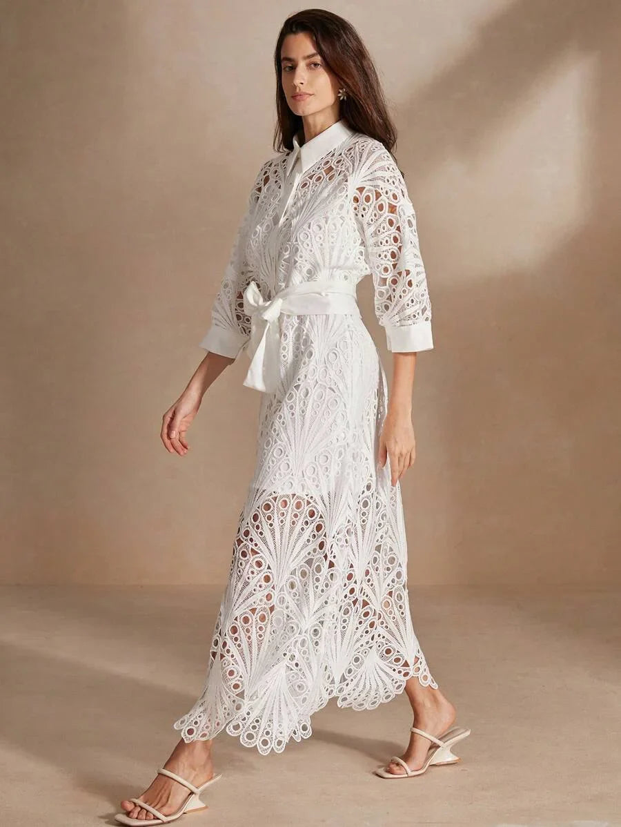 Womens Summer Solid Color Batwing Sleeve Hollow Out Elegant Shirt Dress