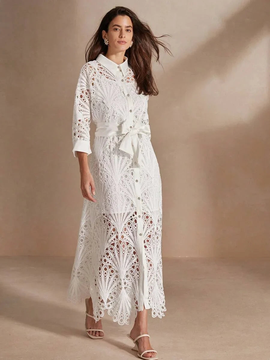 Womens Summer Solid Color Batwing Sleeve Hollow Out Elegant Shirt Dress