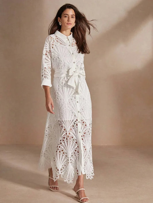 Womens Summer Solid Color Batwing Sleeve Hollow Out Elegant Shirt Dress
