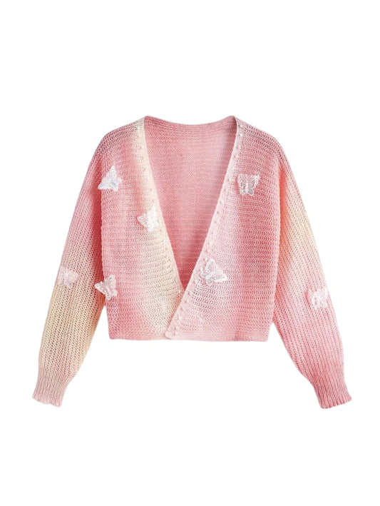 Womens Sweet Bowknot Hollow Ombre Pink Cardigan Random Print