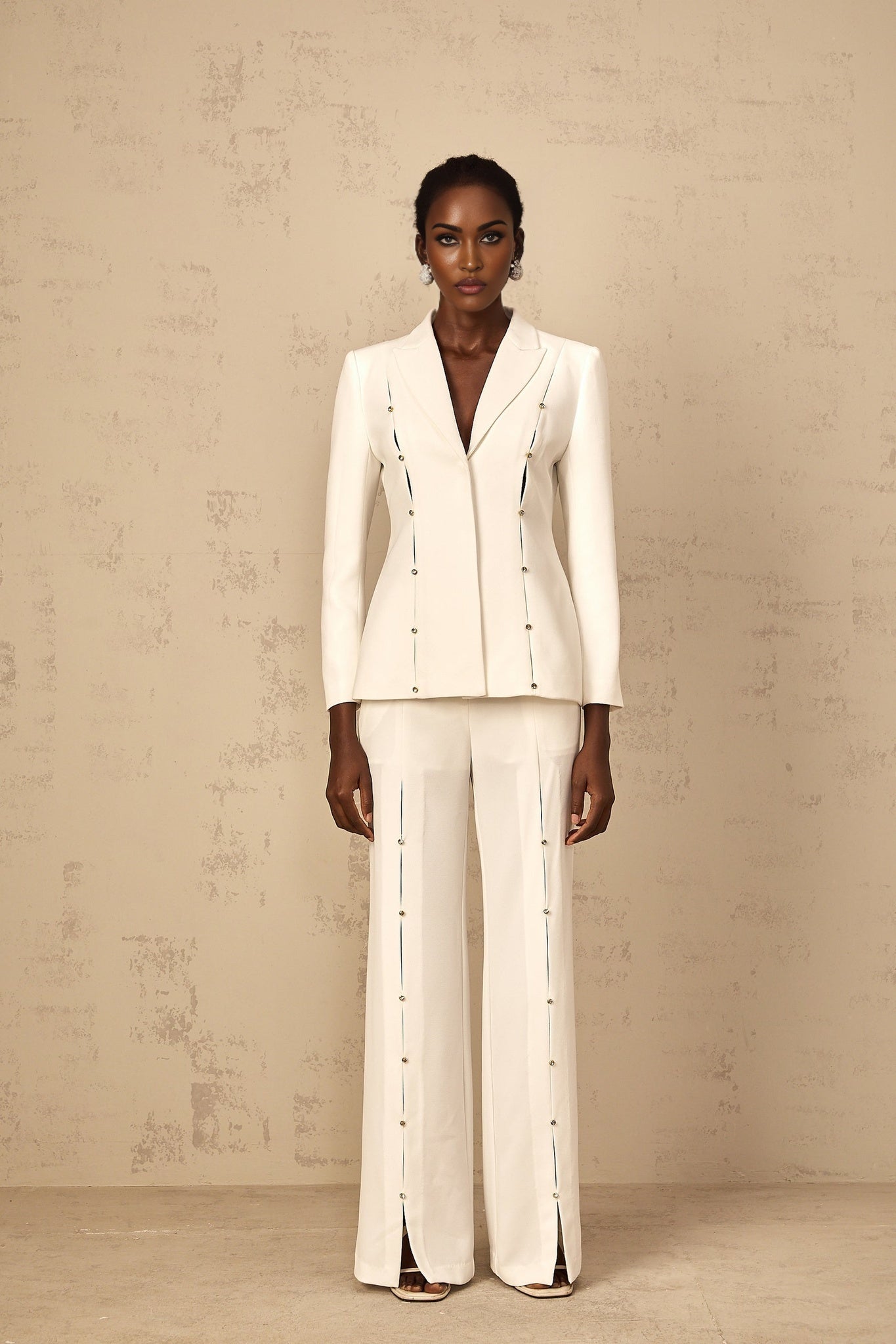 Womens two piece outfit featuring embellished blazer and matching trouser pants in Frida style