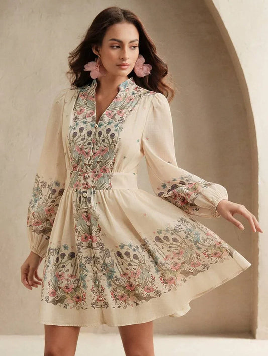 Womens Vacation Style Lantern Sleeve Single Breasted Printed Bodycon Mini Dress