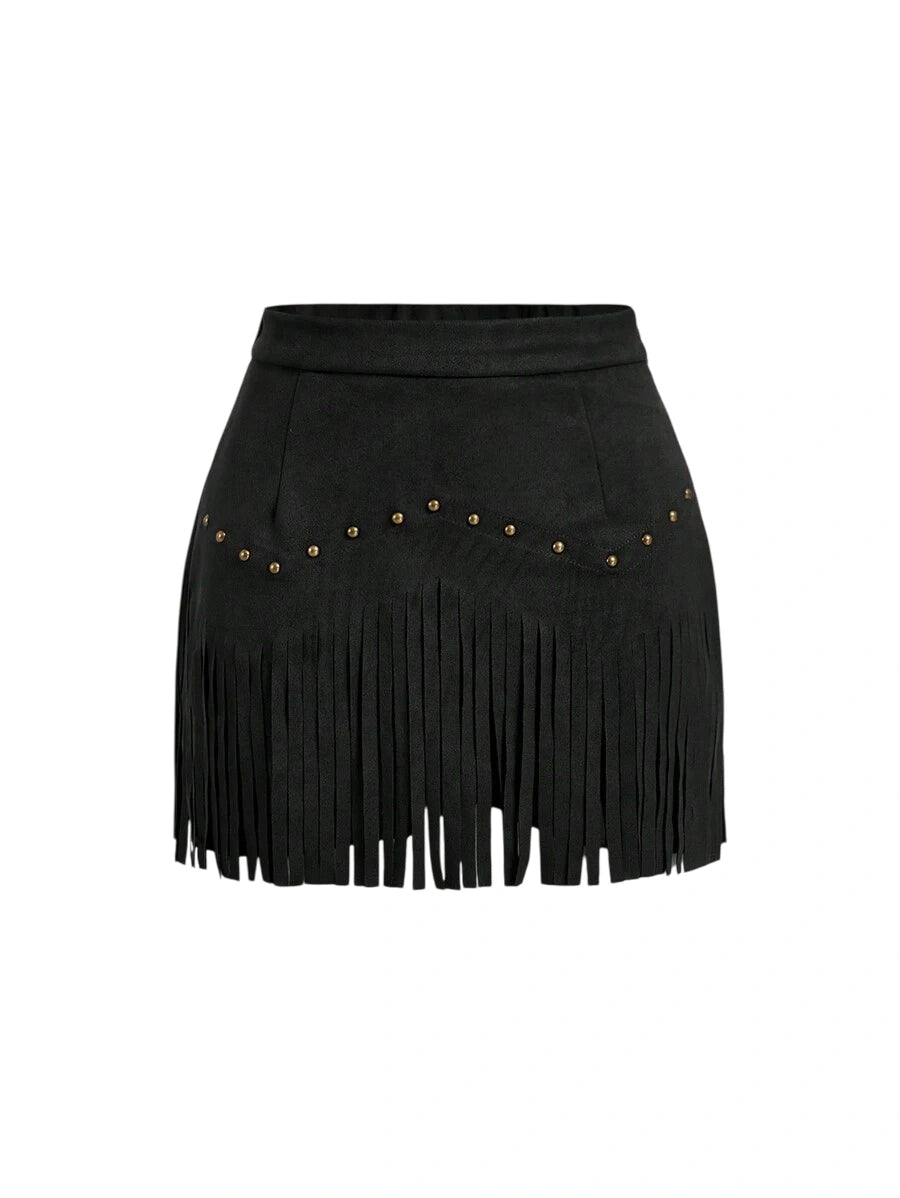 Womens Vintage Hippie Rivet Fringe Black Suede ALine Skirt Autumn SkirtNashville OutfitsPirate Skirt