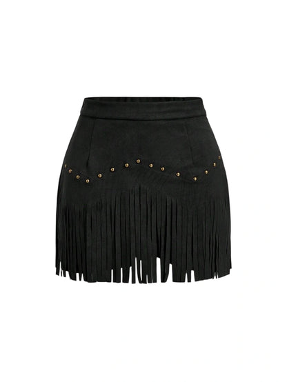 Womens Vintage Hippie Rivet Fringe Black Suede ALine Skirt Autumn SkirtNashville OutfitsPirate Skirt