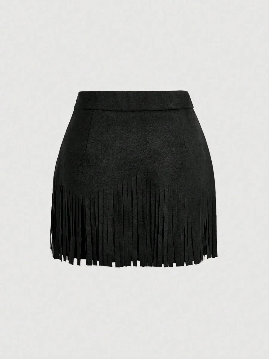 Womens Vintage Hippie Rivet Fringe Black Suede ALine Skirt Autumn SkirtNashville OutfitsPirate Skirt