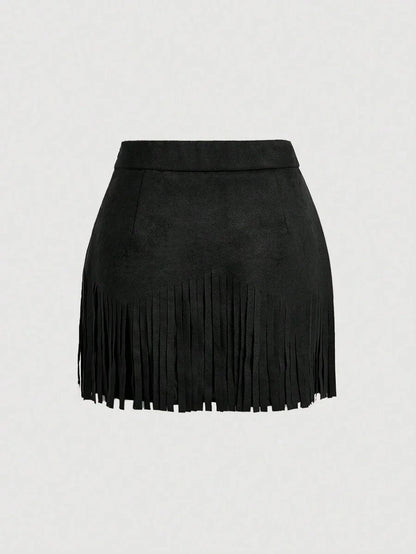 Womens Vintage Hippie Rivet Fringe Black Suede ALine Skirt Autumn SkirtNashville OutfitsPirate Skirt