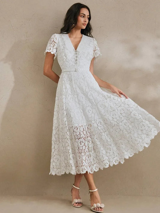 Womens VNeck Cinched Waist Elegant Slim Fit WaterSoluble Lace MidLength Dress