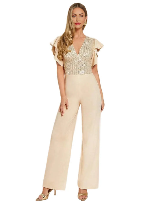 Womens VNeck Ruffle Trim amp Sleeve Fitted Stretchy Elegant Sequin Beaded Party Jumpsuit Pants In