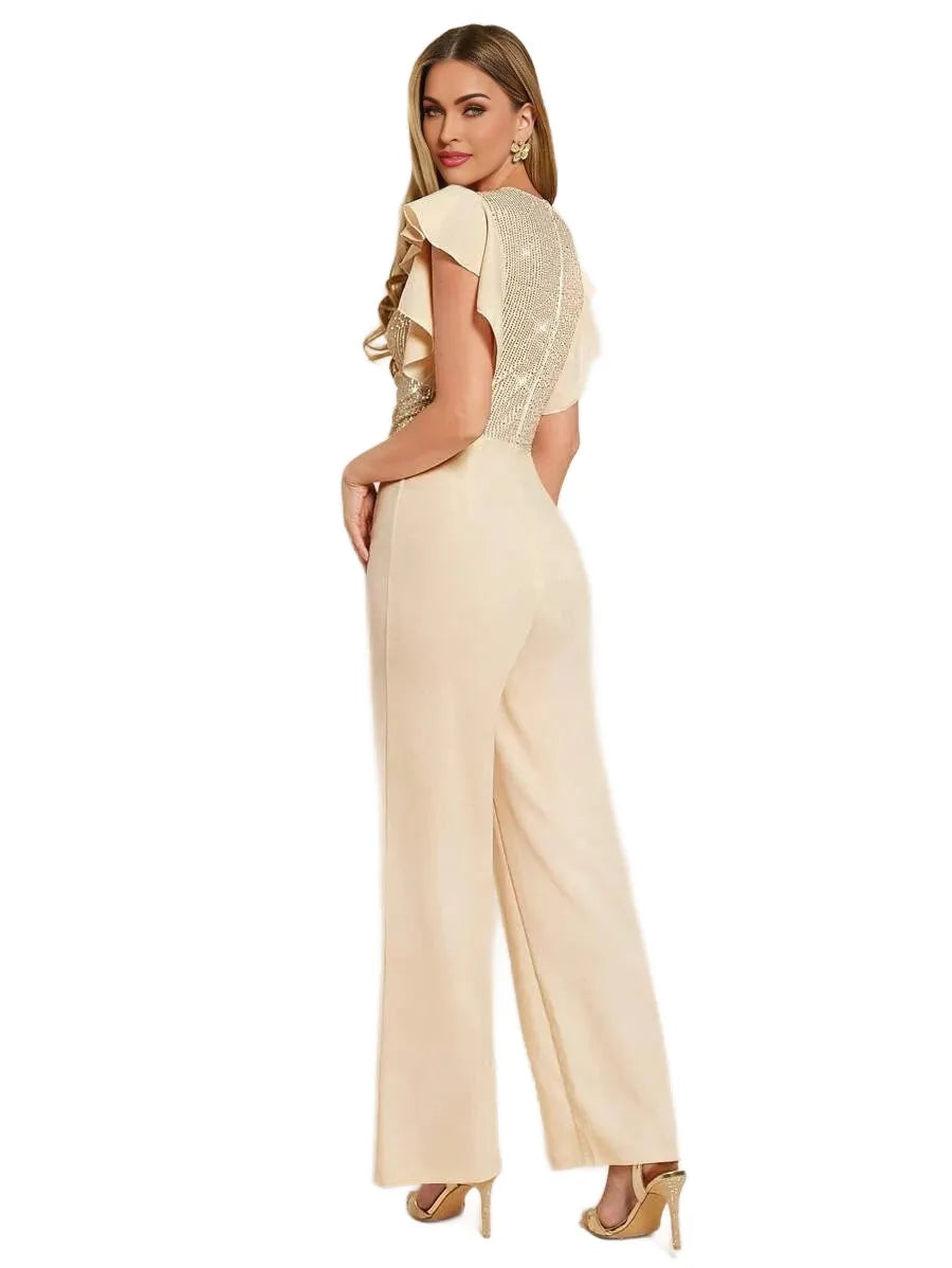 Womens VNeck Ruffle Trim amp Sleeve Fitted Stretchy Elegant Sequin Beaded Party Jumpsuit Pants In