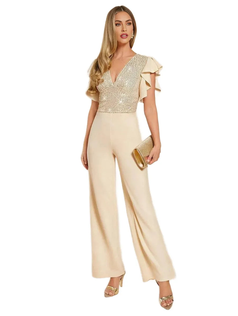 Womens VNeck Ruffle Trim amp Sleeve Fitted Stretchy Elegant Sequin Beaded Party Jumpsuit Pants In