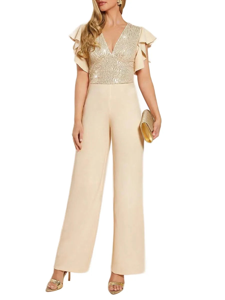 Womens VNeck Ruffle Trim amp Sleeve Fitted Stretchy Elegant Sequin Beaded Party Jumpsuit Pants In