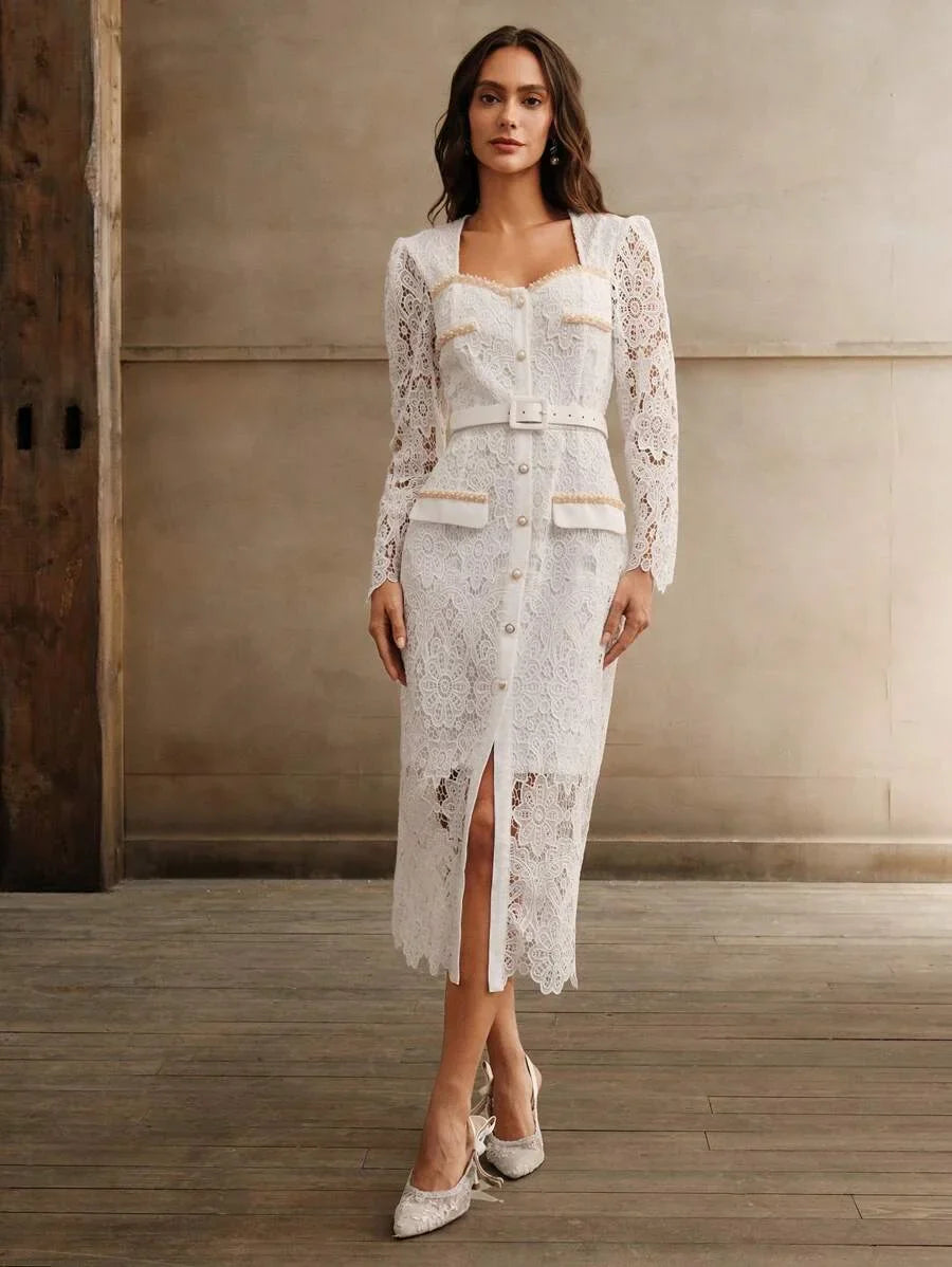 Womens White Delicate Romantic Elegant Waist Slimming French Style Midi Lace Dress For Office