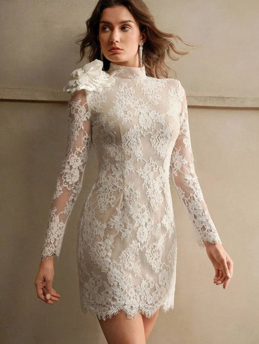 Womens White Lace Elegant 3D Floral Short Skater Dress For Autumn And Winter