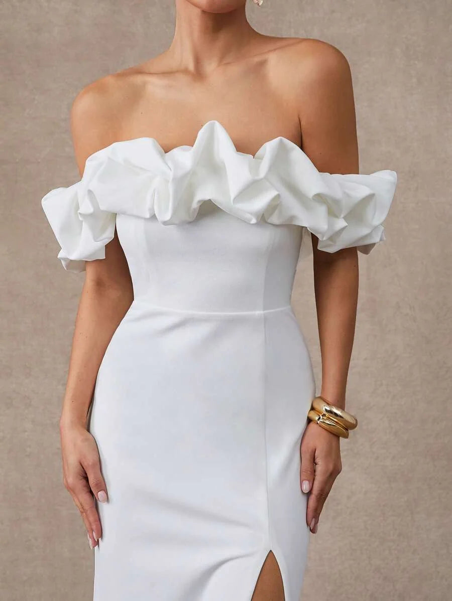 Womens White OffTheShoulder Ruffle Midi Dress Elegant Woven Party Dress With Short Sleeves And Slit
