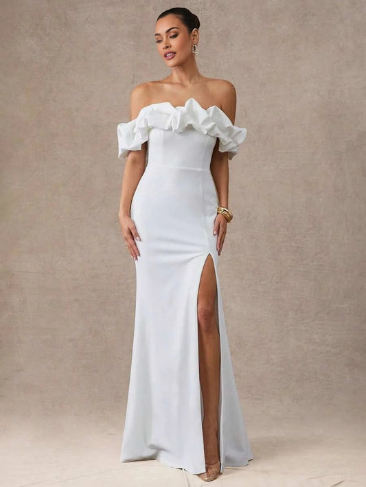 Womens White OffTheShoulder Ruffle Midi Dress Elegant Woven Party Dress With Short Sleeves And Slit