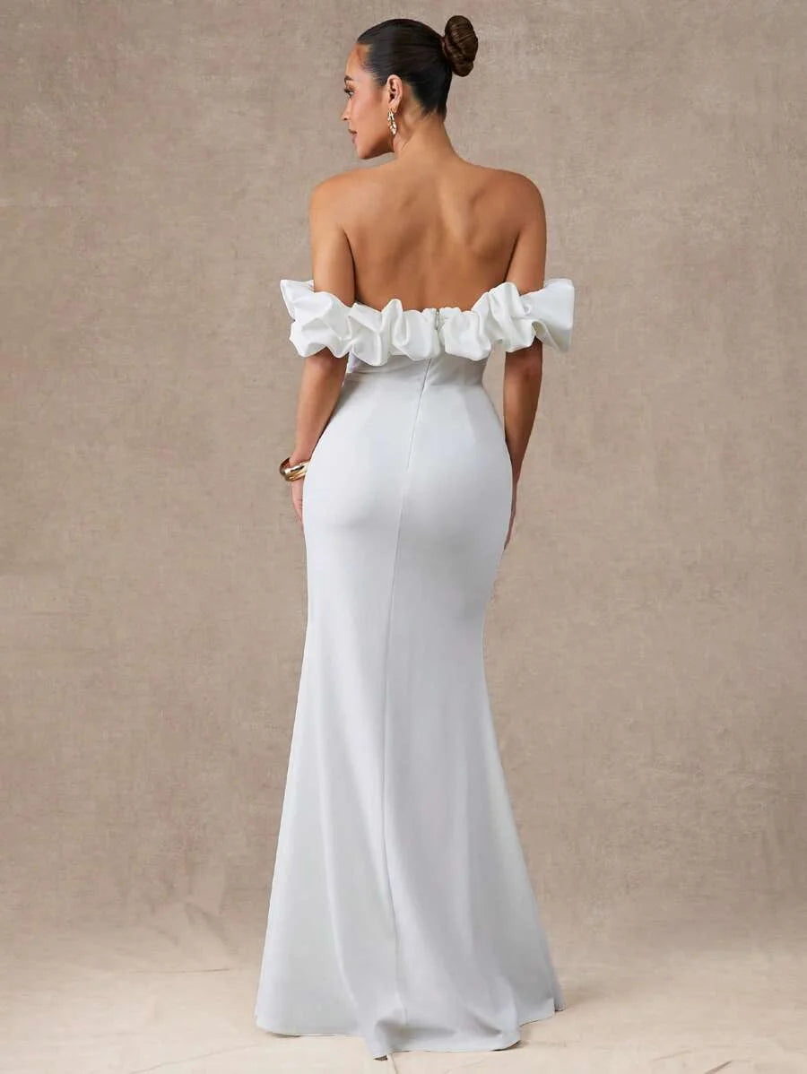 Womens White OffTheShoulder Ruffle Midi Dress Elegant Woven Party Dress With Short Sleeves And Slit
