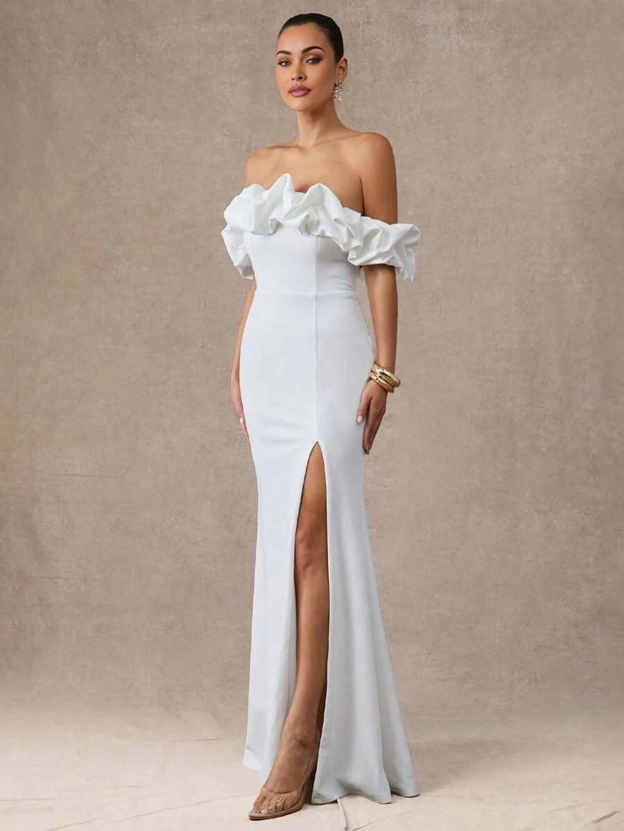 Womens White OffTheShoulder Ruffle Midi Dress Elegant Woven Party Dress With Short Sleeves And Slit