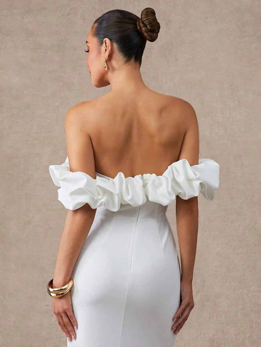 Womens White OffTheShoulder Ruffle Midi Dress Elegant Woven Party Dress With Short Sleeves And Slit