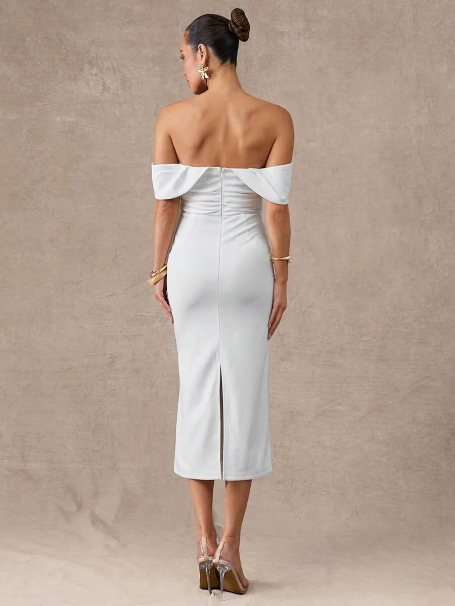 Womens White Solid Sexy OffShoulder Slim Elegant Dress Midi Dress Summer Outfits For Women Summer