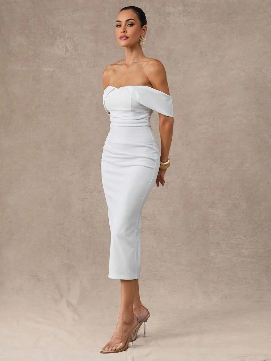 Womens White Solid Sexy OffShoulder Slim Elegant Dress Midi Dress Summer Outfits For Women Summer