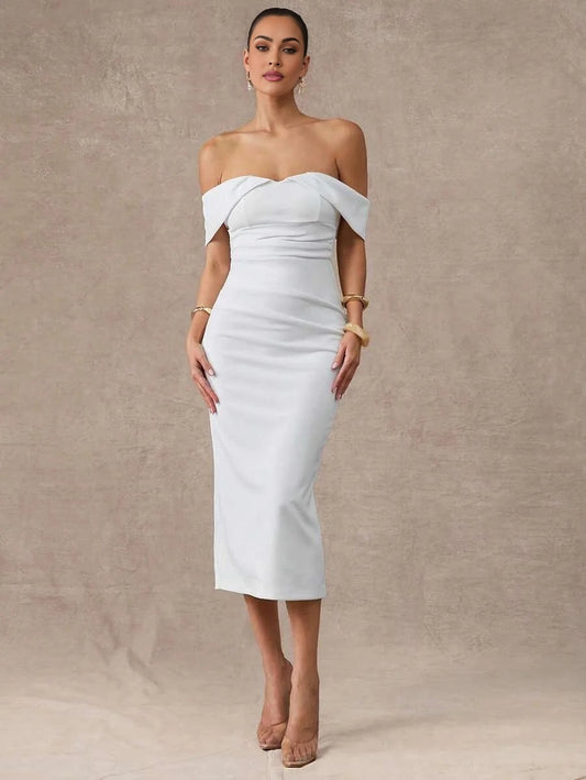 Womens White Solid Sexy OffShoulder Slim Elegant Dress Midi Dress Summer Outfits For Women Summer