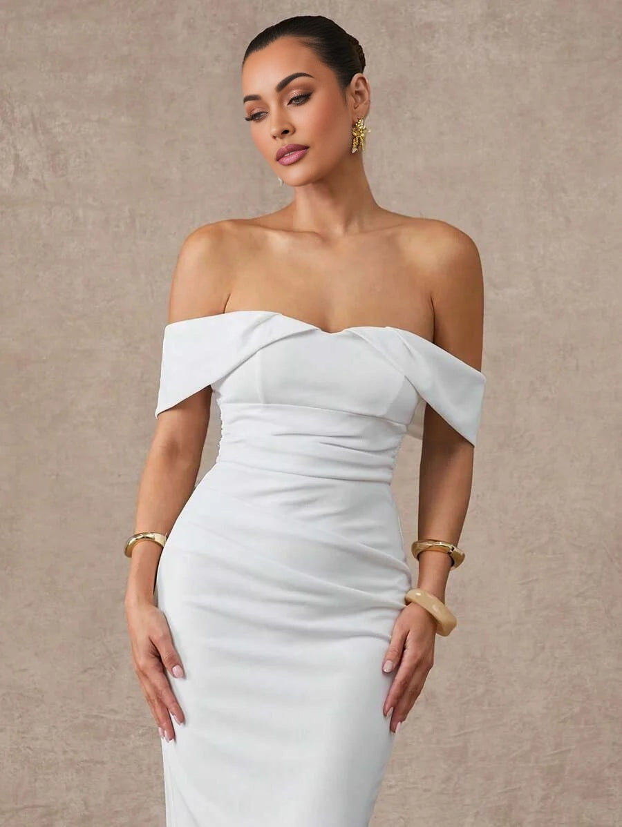 Womens White Solid Sexy OffShoulder Slim Elegant Dress Midi Dress Summer Outfits For Women Summer