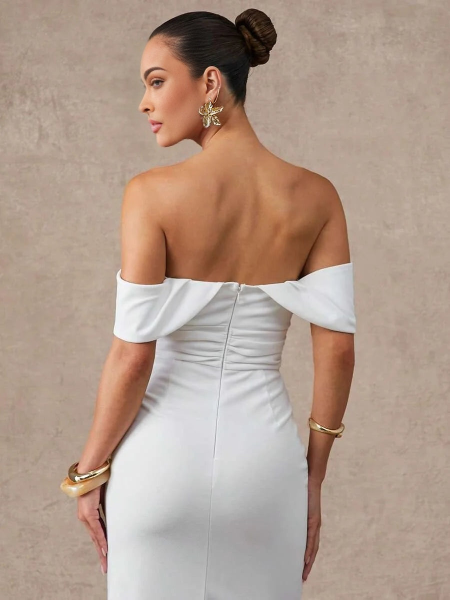 Womens White Solid Sexy OffShoulder Slim Elegant Dress Midi Dress Summer Outfits For Women Summer