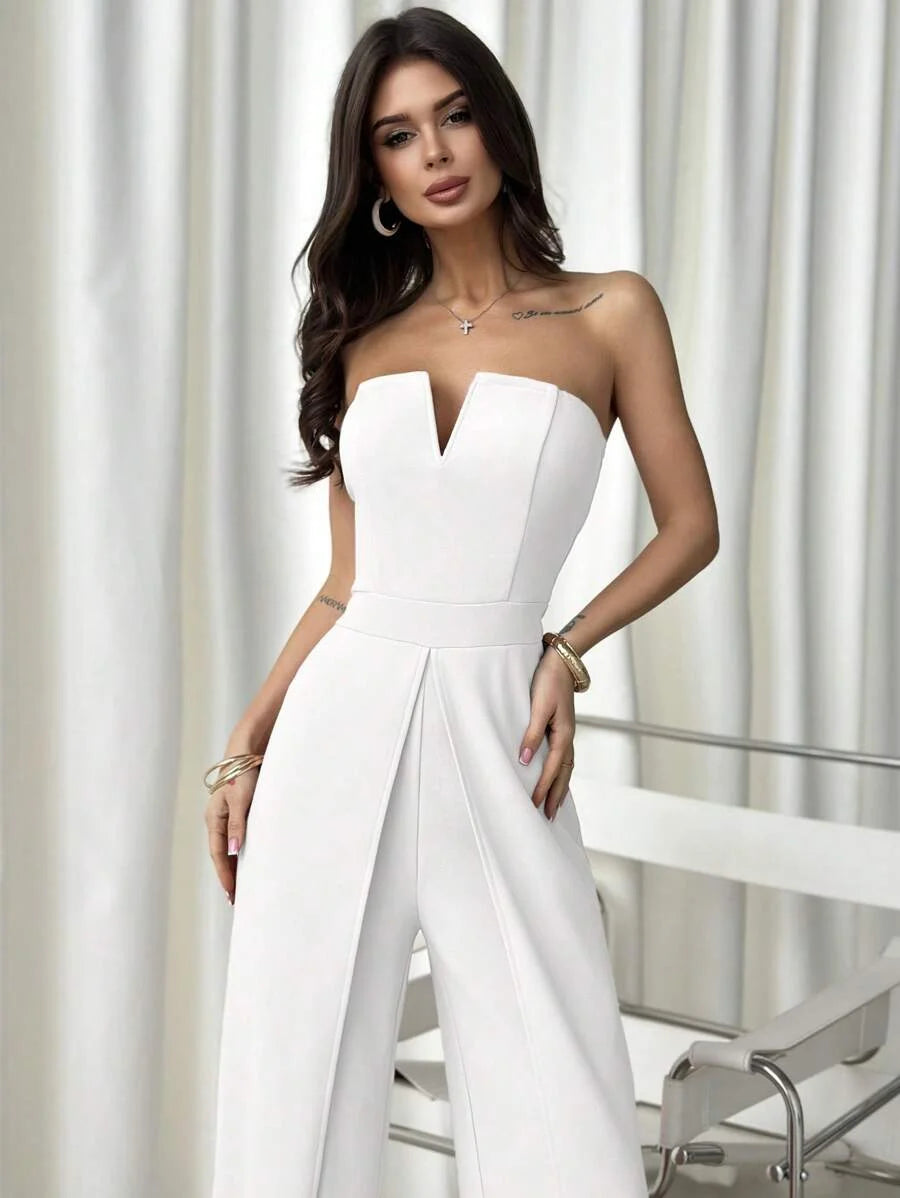 Womens White Summer Elegant Tube Top Draped VNeck Jumpsuit Summer Outfits For Women Elegant