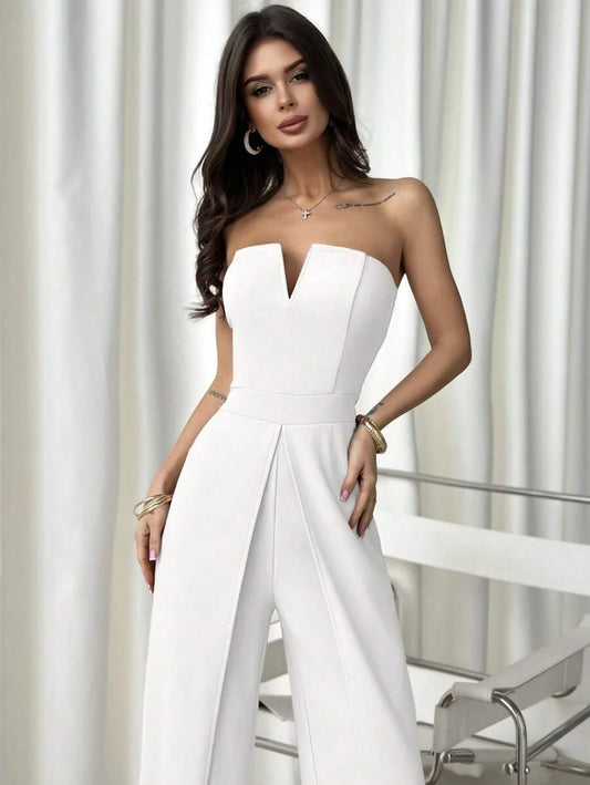 Womens White Summer Elegant Tube Top Draped VNeck Jumpsuit Summer Outfits For Women Elegant