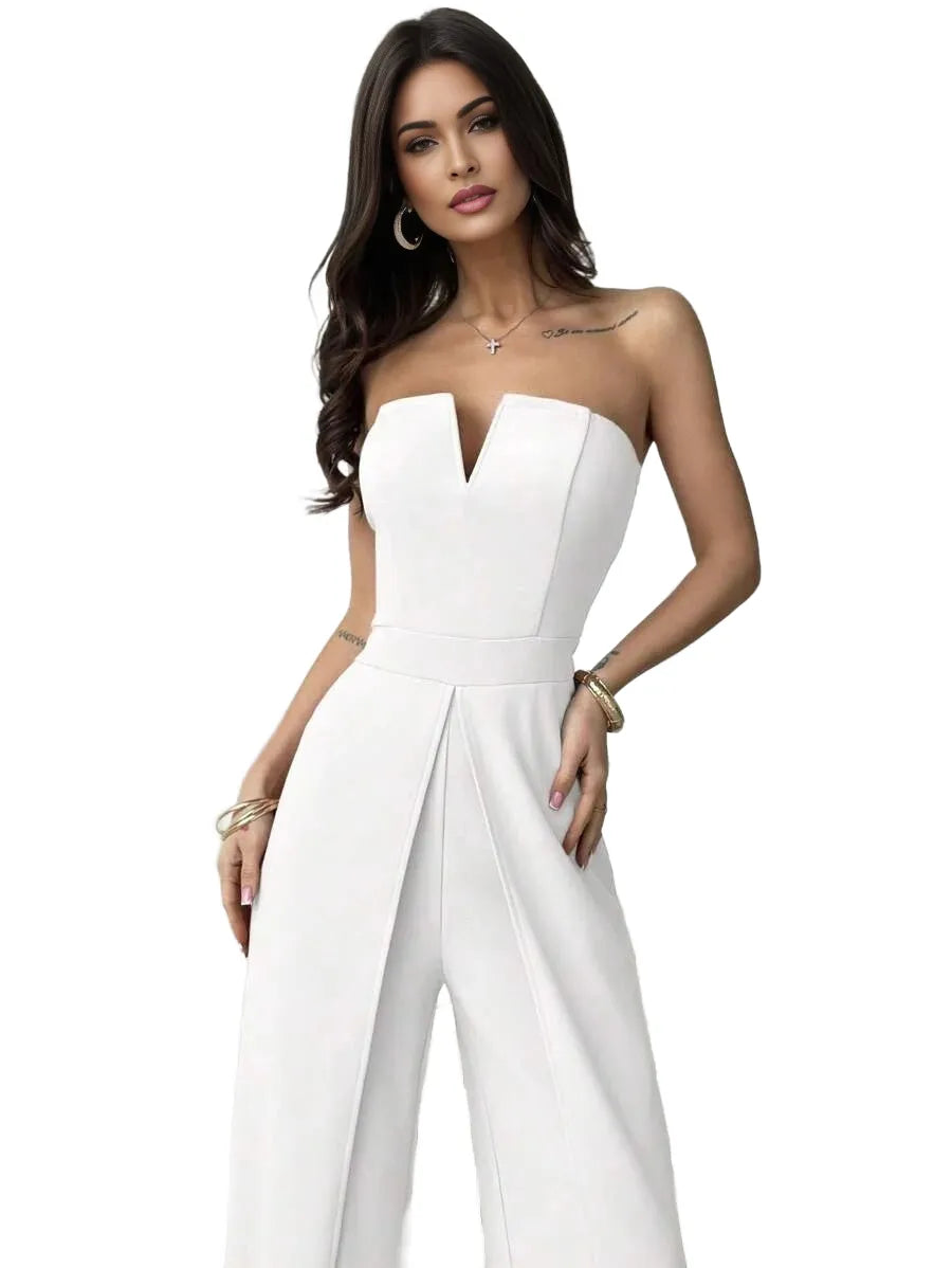 Womens White Summer Elegant Tube Top Draped VNeck Jumpsuit Summer Outfits For Women Elegant