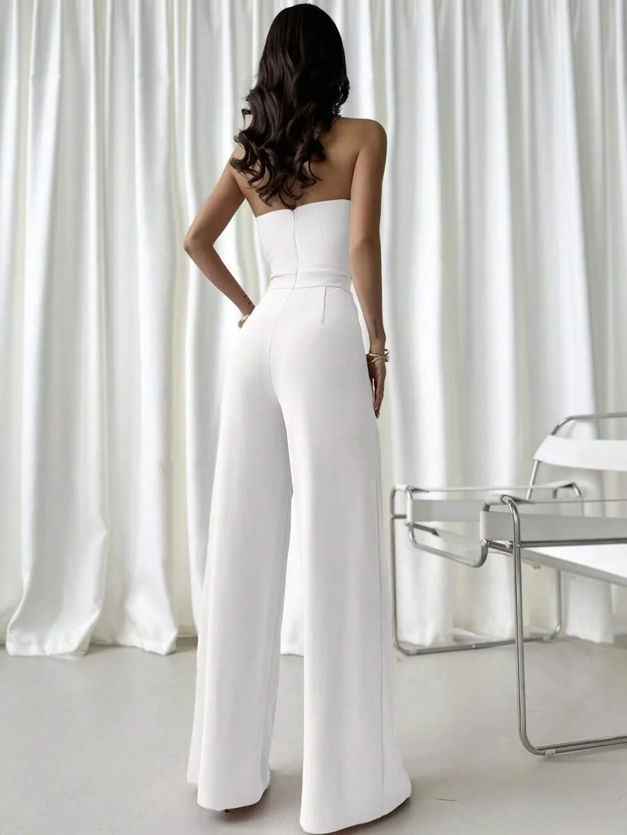Womens White Summer Elegant Tube Top Draped VNeck Jumpsuit Summer Outfits For Women Elegant