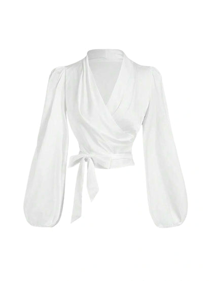 Womens White Crop Top  Wrap Around Tie Up Bow Batwing Sleeve