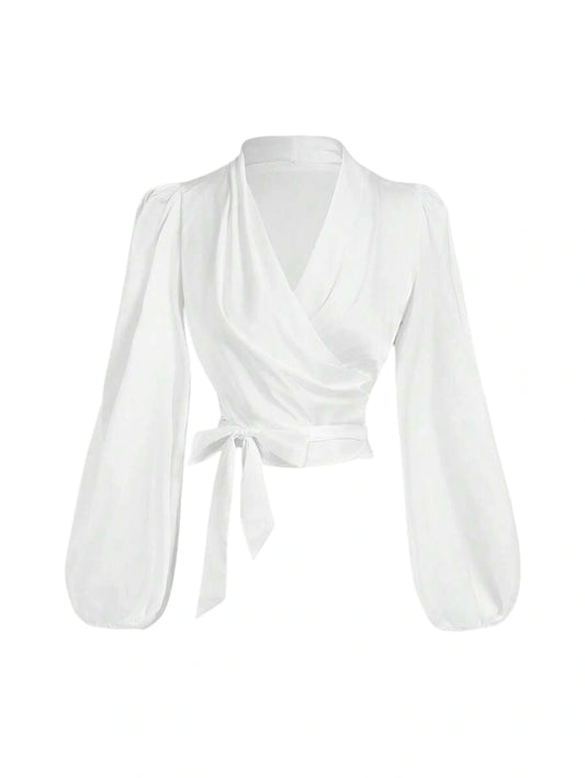 Womens White Crop Top  Wrap Around Tie Up Bow Batwing Sleeve