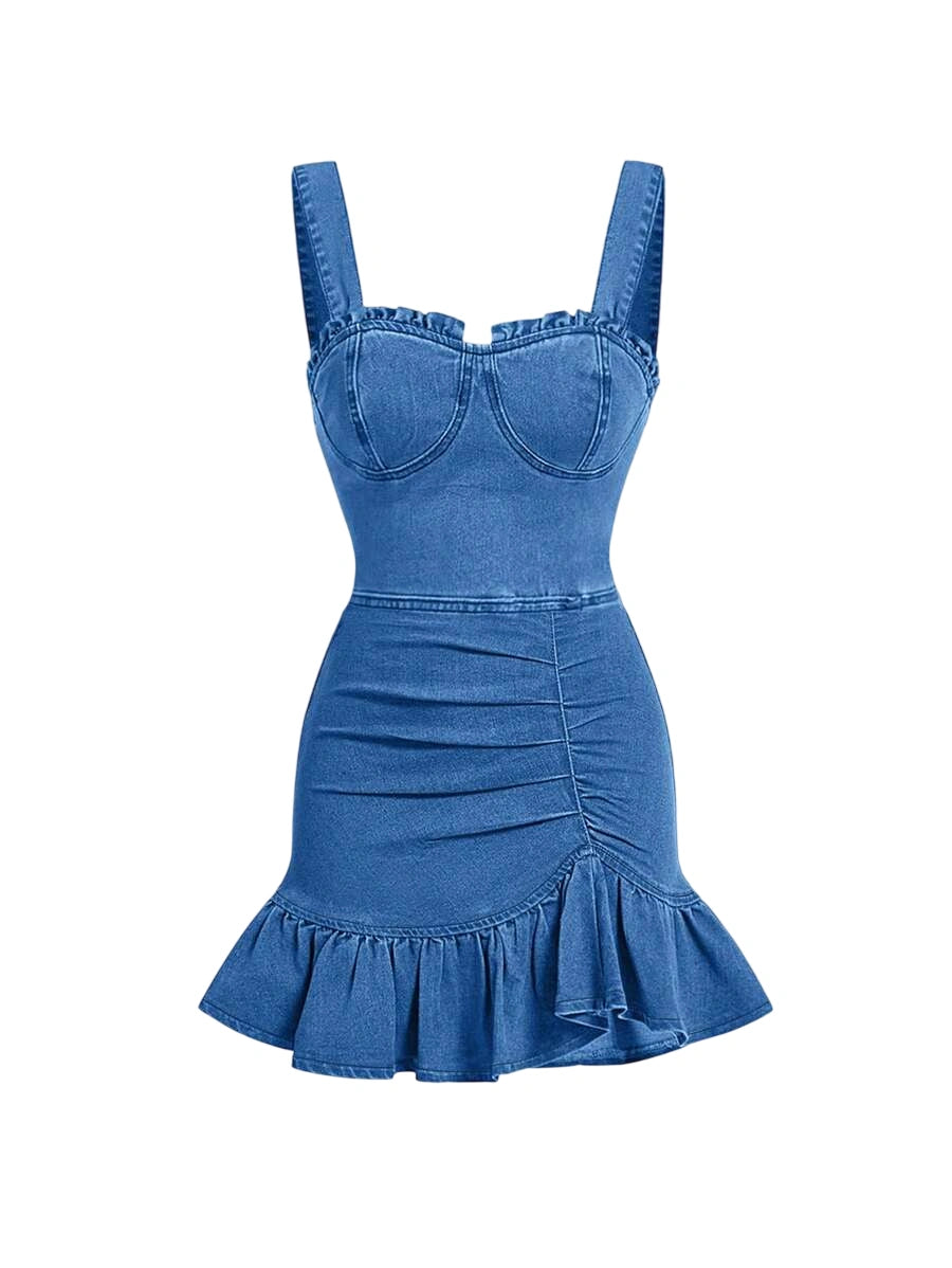 Womens Wide Strap Pleated Casual Denim Bodycon Dress