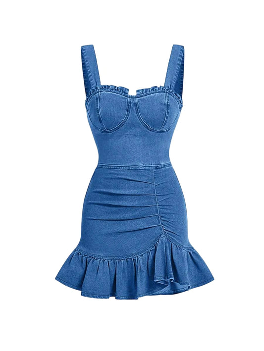 Womens Wide Strap Pleated Casual Denim Bodycon Dress