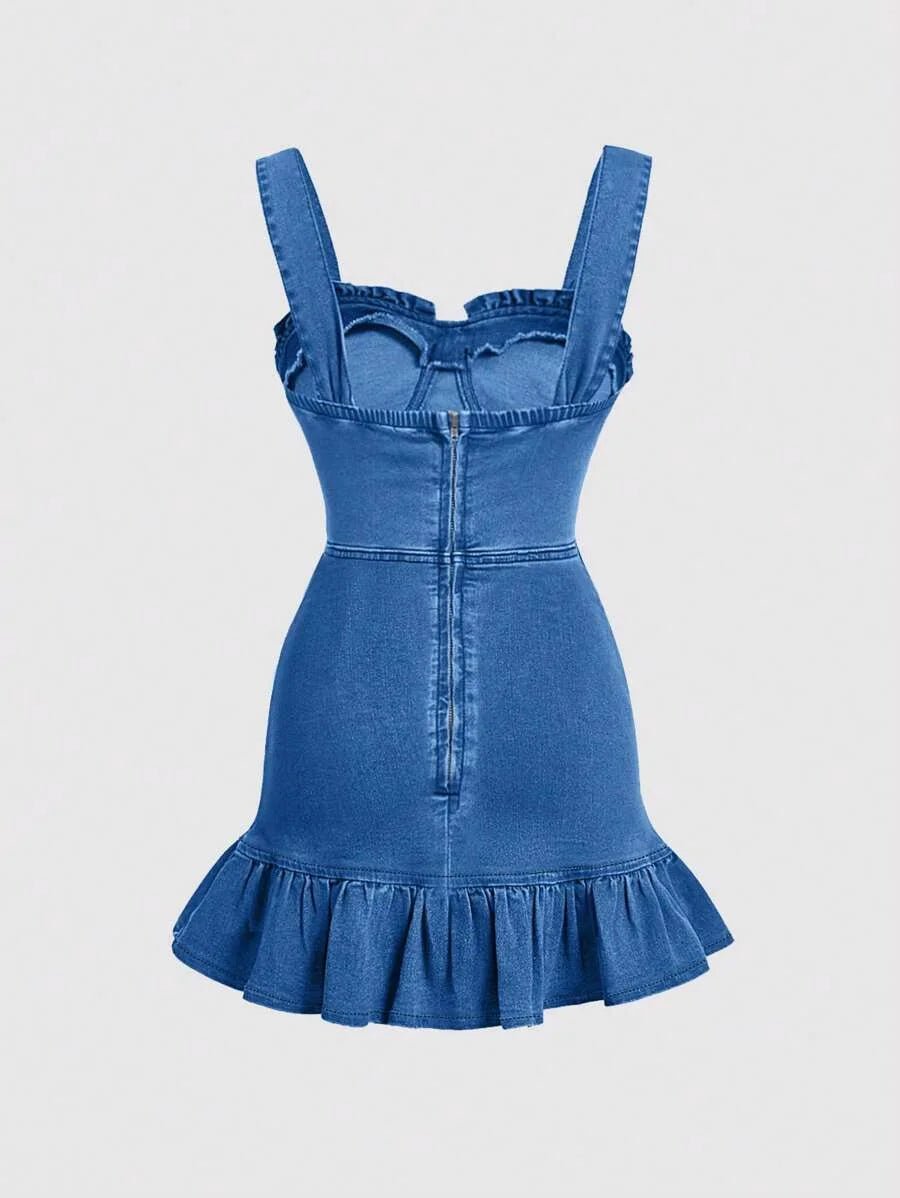 Womens Wide Strap Pleated Casual Denim Bodycon Dress