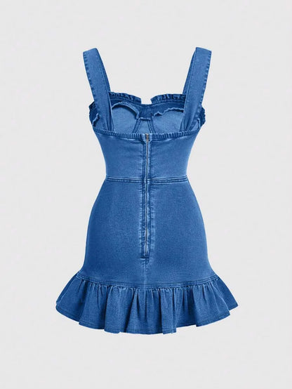 Womens Wide Strap Pleated Casual Denim Bodycon Dress