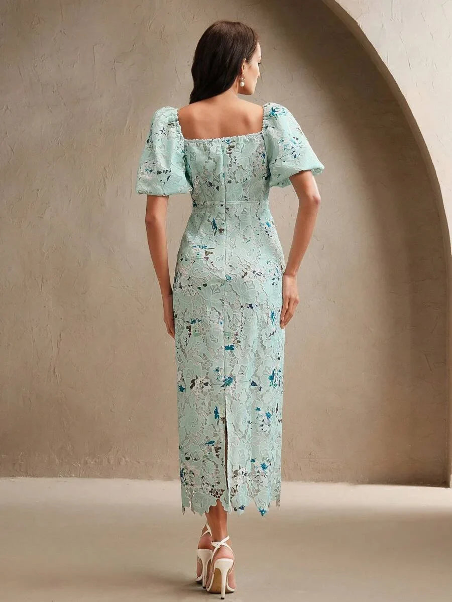 Womens Woven WaterSoluble Lace Lace Lace Bubble Short Sleeved VNeck Fashionable Printed Dress
