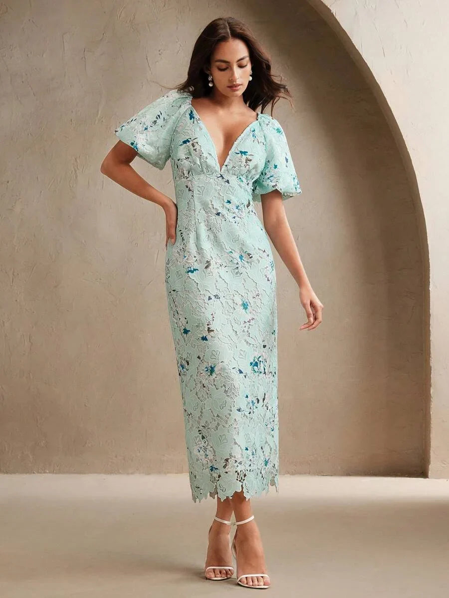 Womens Woven WaterSoluble Lace Lace Lace Bubble Short Sleeved VNeck Fashionable Printed Dress