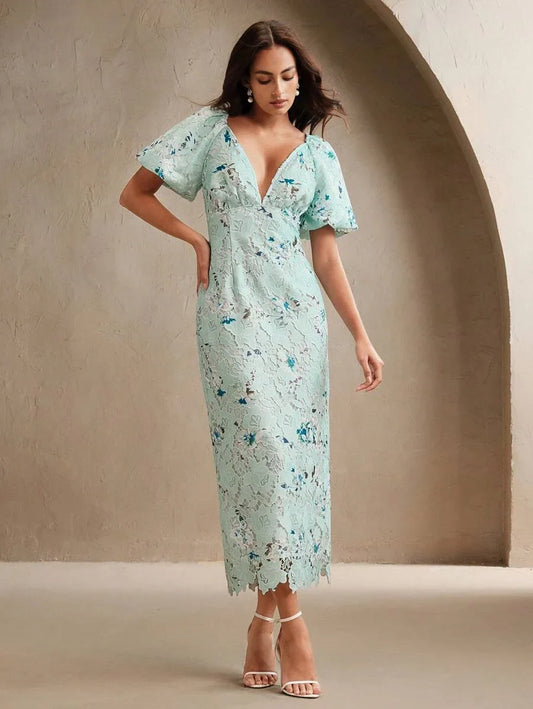 Womens Woven WaterSoluble Lace Lace Lace Bubble Short Sleeved VNeck Fashionable Printed Dress