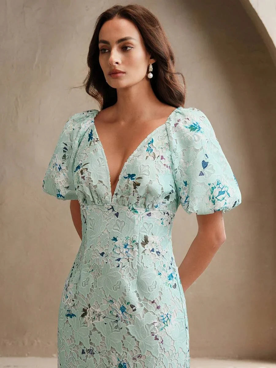 Womens Woven WaterSoluble Lace Lace Lace Bubble Short Sleeved VNeck Fashionable Printed Dress
